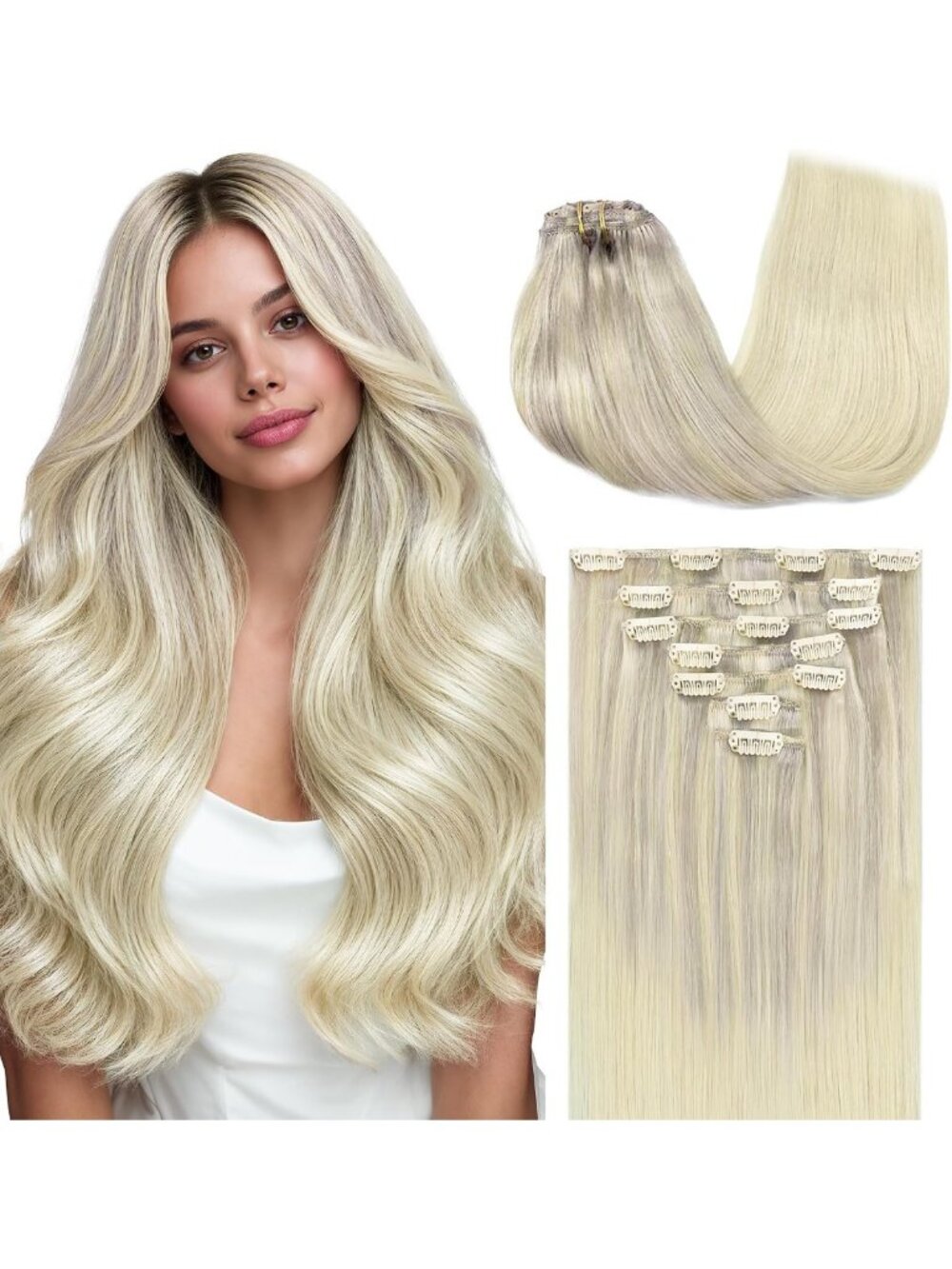 14" Clip-In Remy Human Hair Extensions - Balayage Ash to Golden Blonde, 120g